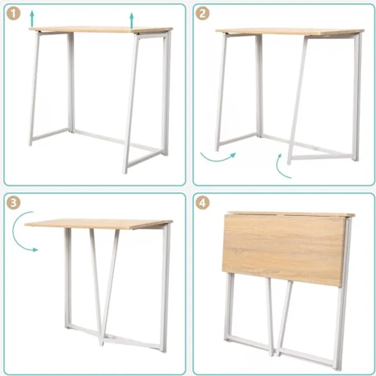 MEUBLE COSY Klapptisch Kleiner Klappbarer Schreibtisch Laptoptisch aus Holz und Metall Computertisch fürs Büro, Wohnzimmer, Home Office, Industrie-Design, Eiche, 80 x 40 x 74 cm – Bild 6
