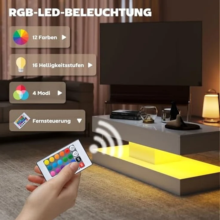 HOMCOM Couchtisch mit 12-Farbiger LED Beleuchtung, 2 Schublade, offenem Regal (Wohnzimmertisch, 1-St, Modern Beistelltisch), Kaffeetisch für Wohnzimmer 120 x 50 x 42 cm, Weiß – Bild 4