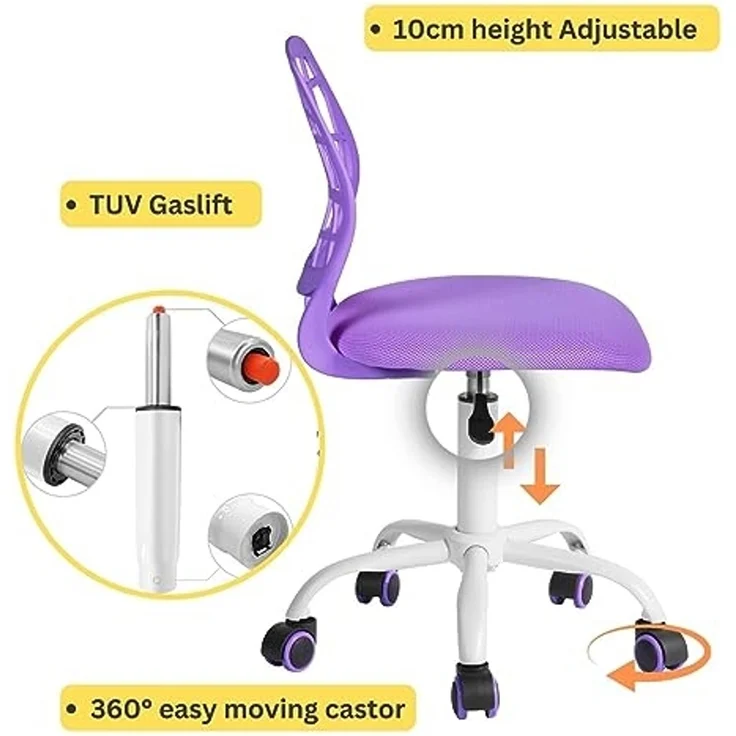FurnitureR Compact Gaming Chair, Hollow PP Backrest, Adjustable Height, Ergonomic Swivel Sponge Seat, 5-Wheel Iron Base, for Teens & Kids Drawing, Gaming, Classroom, Purple, 38,5 x 40 x 87 cm – Bild 5