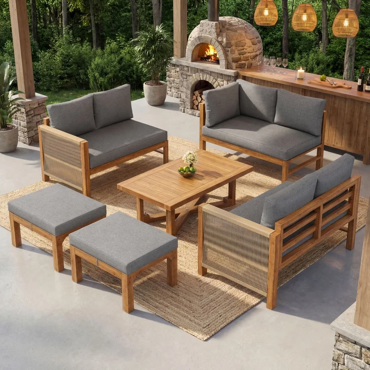 Merax Gartenmöbel-Set 6-tlg, Gartensofa mit Hocker und Tisch, Gartenloungeset Balkonmöbelset 8 Sitzer aus Akazie, Terassenmöbelset mit Kissen, Grau – Bild 2