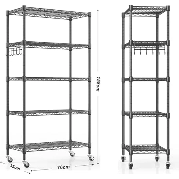 Himimi 5-Draht-Regal mit Rollen, Metall-Aufbewahrungsregal, höhenverstellbar, stehendes Aufbewahrungsregal für Waschküche, Badezimmer, Küche, Speisekammer, Schrank, 76 x 35 x 158 cm, Schwarz – Bild 4