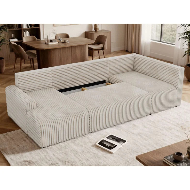 U-förmiges Sofa NESSARO COR U mit Schlaffunktion und Bettkasten, Freistehende Wohnlandschaft, DL-System, Bonellfederkern - Beige Cord - Rechts Seite – Bild 6