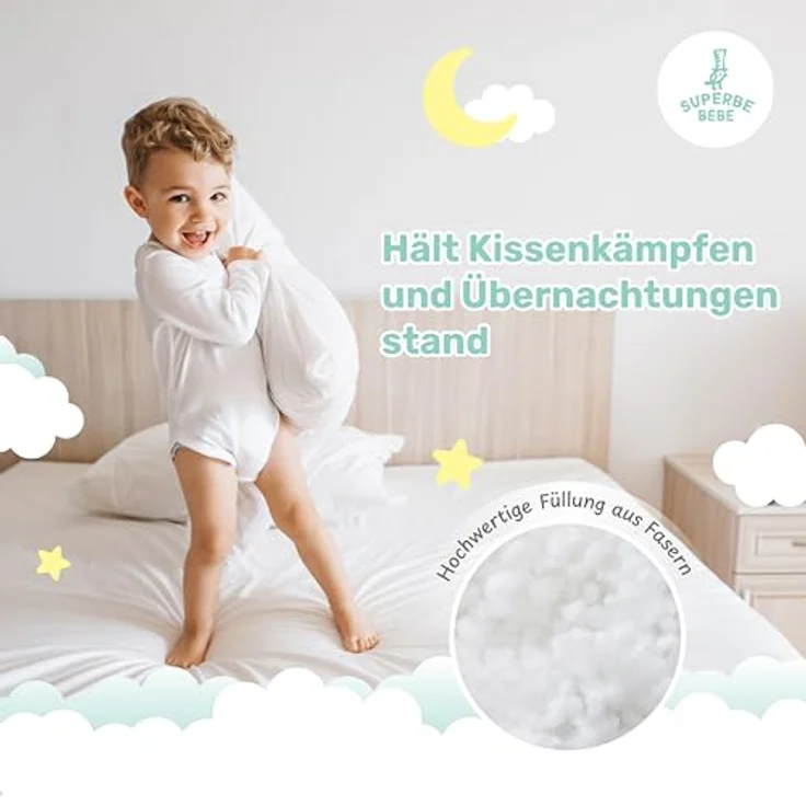 Öko-Tex-Baumwoll-Kinderkissen Weiß - Perfektes Kopfkissen für Kinder von 1 bis 3 Jahren - 33x45 cm Sanftes, hypoallergenes Kissen, leicht zu waschen - Hervorragend für den Schlafbereich und unterwegs – Bild 7