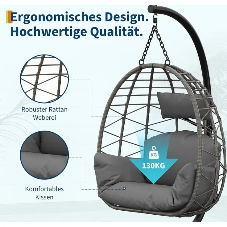 GarveeMore Hängesessel mit Gestell für Outdoor & Indoor,Polster & Schutzabdeckung, Rattan Hängestuhl mit Stahlgestell,bis 150 kg belastbar – Bild 2