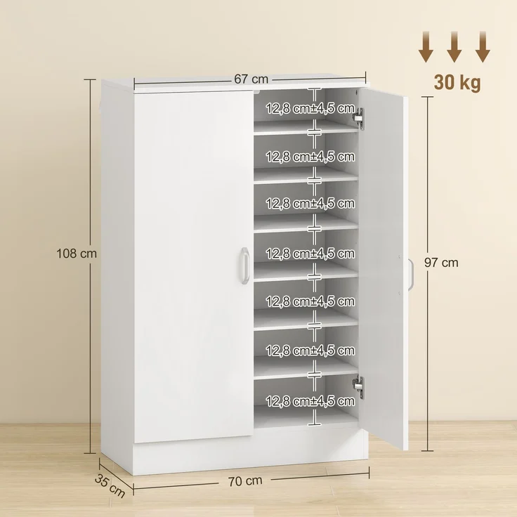 Schuhschrank mit 2 Türen, 6 verstellbare Regalböden, Soft-Close-Scharniere für 21 Paar, Weiß--Weiß--108x35x70cm--YOUDENOVA – Bild 5