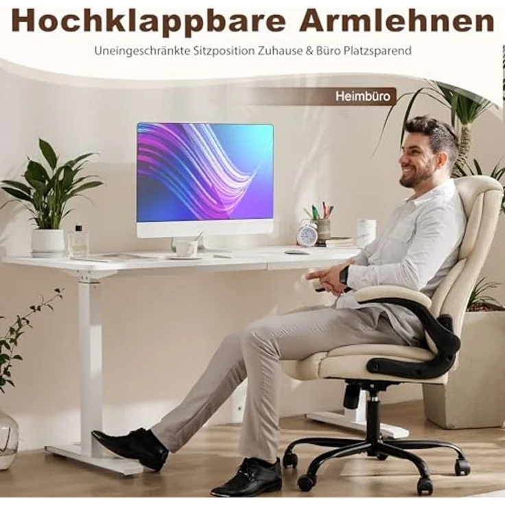 DUMOS Bürostuhl Pu-Leder Chefsessel mit Hochklappbaren Armlehnen Bürostuhle Leder mit Drehbaren Rädern Office Chair Ergonomic Geeignet für Büros Zuhause und Andere Umgebungen – Bild 5