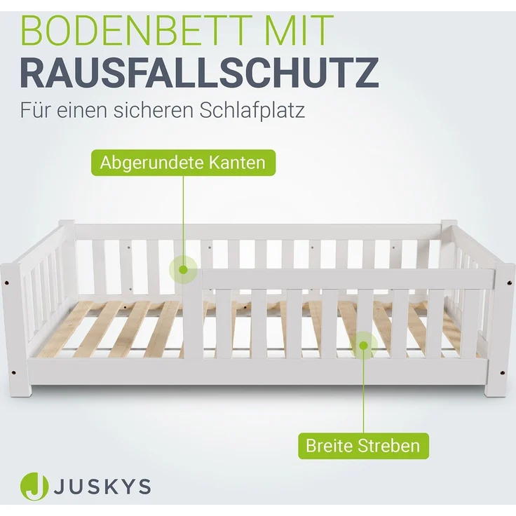 Juskys 'Naya' Kinderbett - mit Matratze, Rausfallschutz & Lattenrost - Bodenbett für Kinder 3 -10 Jahre - Holz Weiß, 80x160 cm – Bild 1