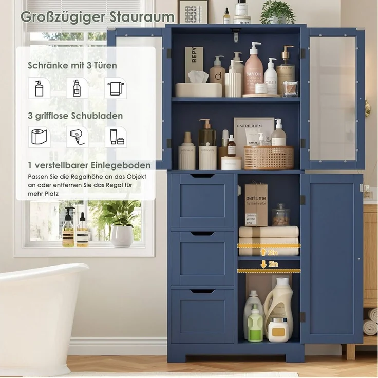 HOMECHO Hochschrank Badezimmerschrank mit 3 Türen und 3 Schubladen – Bild 3