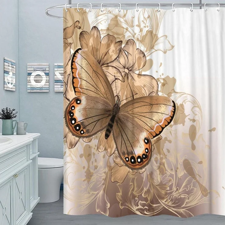 M&W DAS DESIGN Duschvorhang 180x200 Shower curtains Anti schimmel Waschbar golden Schmetterling – Bild 1