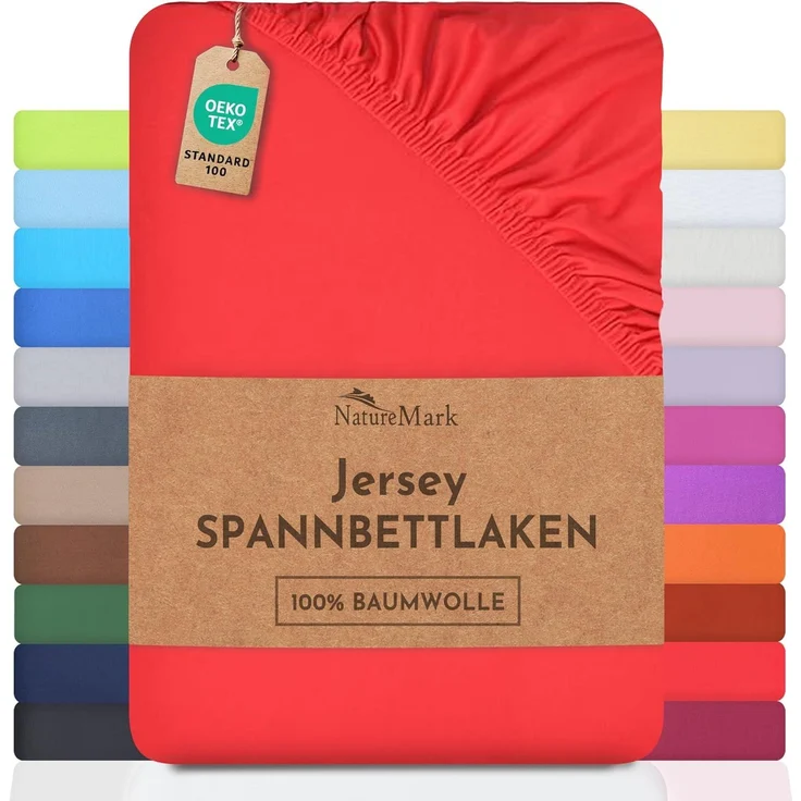 NatureMark Jersey Spannbettlaken, Spannbetttuch 100% Baumwolle in vielen Größen und Farben MARKENQUALITÄT ÖKOTEX Standard 100 | 200x220 cm +40 Steg - rot