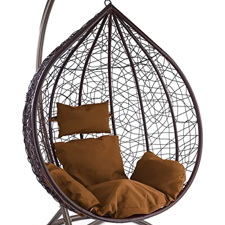 Luxus Hängesessel Miami XL Polyrattan mit Korb Gestell braun Kissen Hellbraun – Bild 3