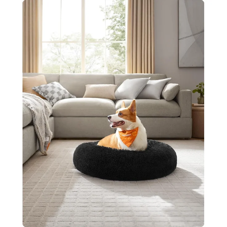 Feandrea Hundebett flauschig, Katzenbett, Donut Kissen, waschbar, Polsterung in der Mitte herausnehmbar, Langer Plüsch, 80 cm Durchmesser, tintenschwarz PGW040B01 – Bild 2