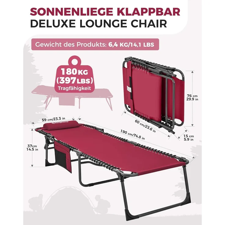 KingCamp Campingliege Sonnenliege Gartenliege klappbar 5-Stufig Verstellbarer Rückenlehne Liege Gartenstuhl Strandliege Camping Klappbett mit Kopfkissen für Garten Urlaub Outdoor Strand Pool – Bild 2