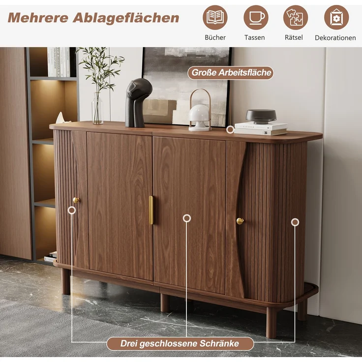 Merax Sideboard 140 x 40 x 88 cm aus MDF, Kommode mit geschwungenen Kanten, 2 Schiebetüren, Stauraumschrank, Walnuss – Bild 5