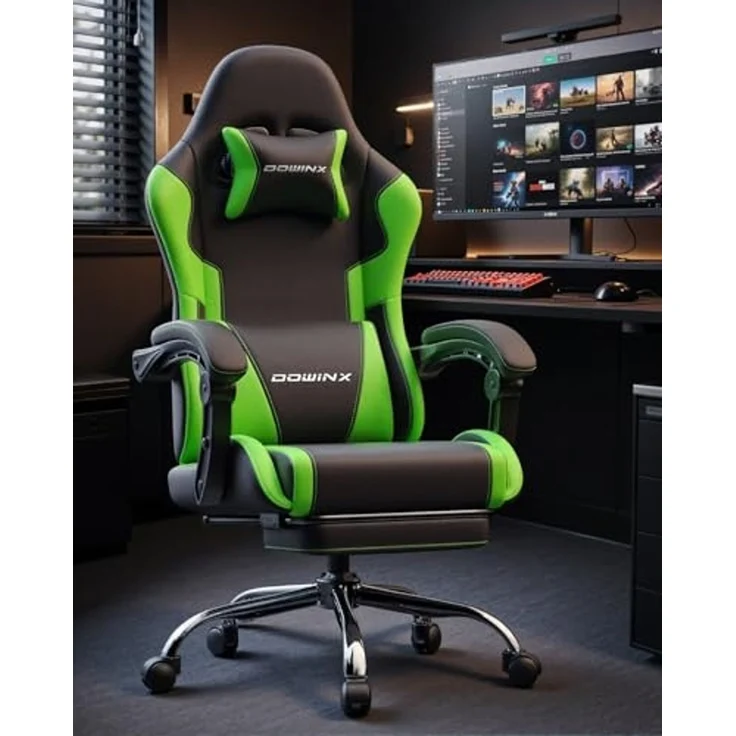 Dowinx Gaming Stuhl Bürostuhl Massage Gaming Sessel mit höhenverstellbaren Linkage-Armlehnen, ergonomischer Gamer Stuhl mit Fußstütze, gepolstert Gaming Chair 150° neigbar bis 180 kg, Grün – Bild 2