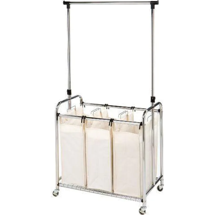 Seville Classics 3 Wäschesäcken und höhenverstellbarer Kleiderstange Wäschesammler, Metall, Silber, 78x45. 7x99 cm