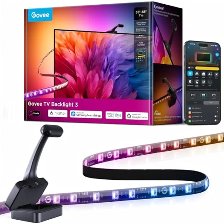 Govee TV Hintergrundbeleuchtung 3, 4 MP Dual-Kamera für 55-65 Zoll TVs, RGBWIC Backlight mit 60 LEDs/m, AI-Farbfilter, App- und Sprachsteuerung, Matter-kompatibel