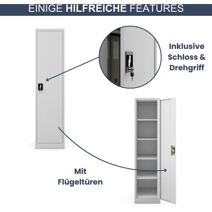 Aktenschrank abschließbar KADO - 5 Ebenen verstellbar, Flügeltüren | Metallschrank Werkstatt Mehrzweckschrank Büroschrank aus Stahl Werkzeugschrank, 185 x 45 x 60 cm Grau – Bild 5