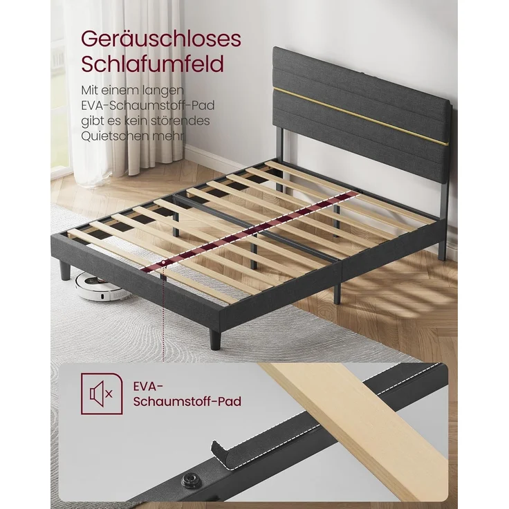 VASAGLE Doppelbettgestell, Bettgestell, passend für 160 x 200 cm Matratze, verstellbares gepolstertes Kopfteil, Bettrahmen, Metall, Massivholz – Bild 6