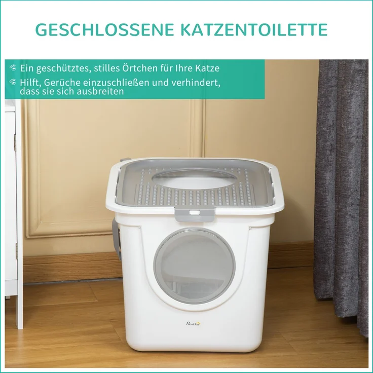 Katzentoilette mit Deckel Katzenklo mit Schaufel, bis 5 kg, Indoor, Kunststoff, Grau+Weiß, 44x55x39cm--Weiß--44x55x39cm--YOUDENOVA – Bild 5