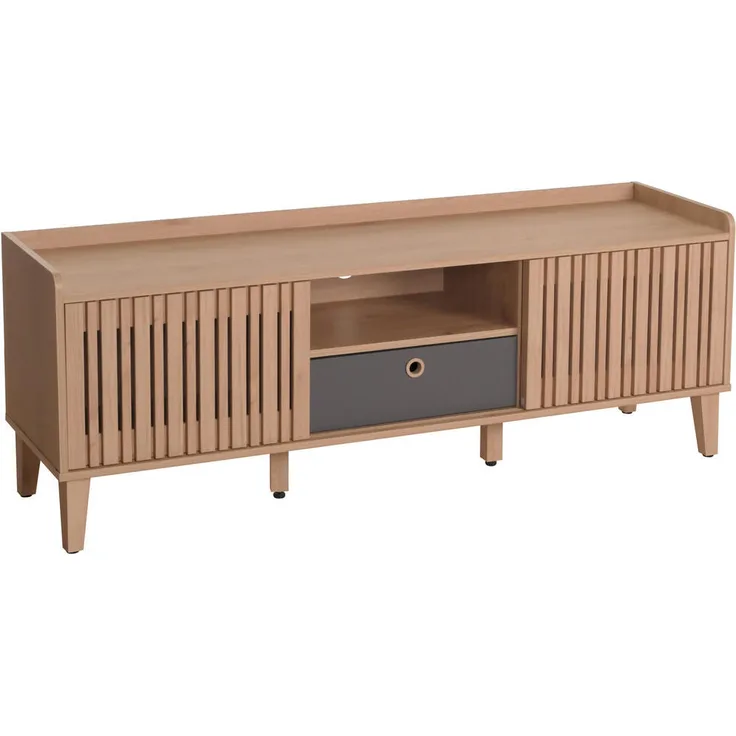 MCW TV-Rack M48, Beige, Holz, 150x56x40 cm, mit 2 Schiebetüren, 3 Ablagefächern und Schublade, Kabelloch und höhenverstellbaren Füßen