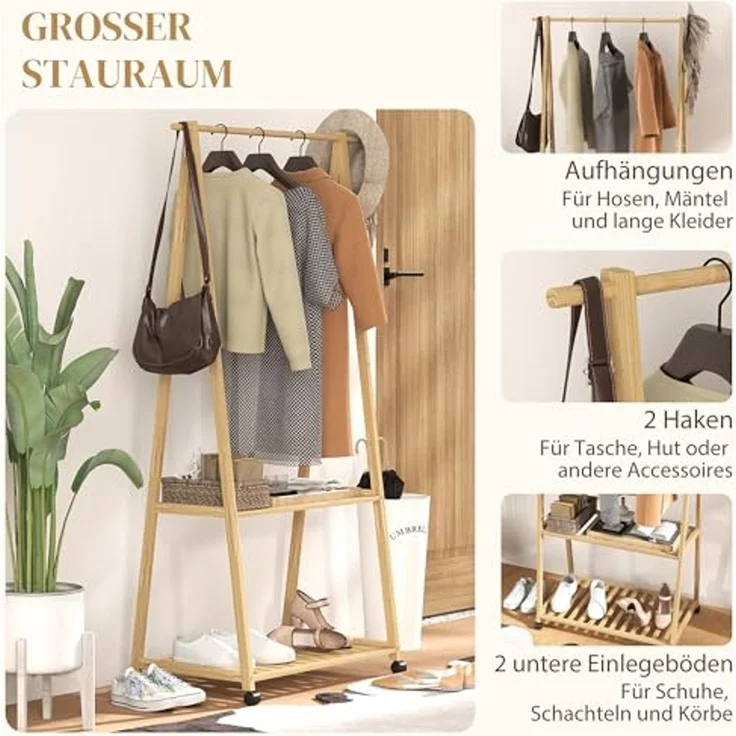HOMCOM Garderobenständer mit 2 Regalen und 4 Rollen, (Kleidungsständer, 1 St, Kleiderständer mit Schuhregal), für Flur, Wohnzimmer, Schlafzimmer, Naturholz – Bild 3