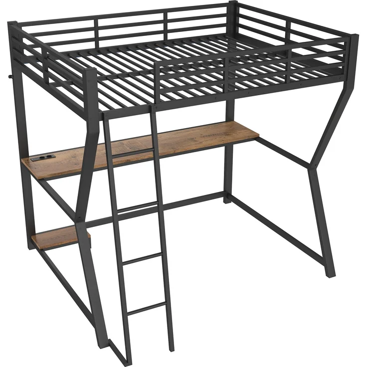 Hochbett, 140*200cm , Mit LED-Leuchten, Computerkonsolenablage, Schreibtisch, Steckdose+USB, Geländer, Treppe, ohne Matratze, Schwarz – Bild 8