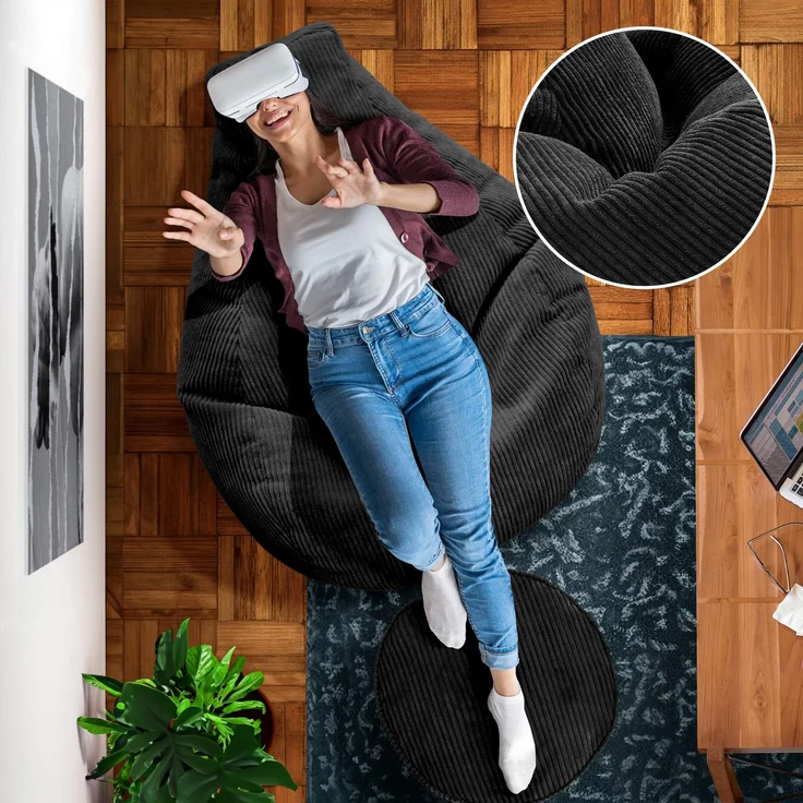 Green Bean® Sitzsack mit Hocker aus Cord - Sitzsäcke für das Wohnzimmer, Schlafzimmer, Sitzsack-Sessel für Erwachsene Schwarz – Bild 5