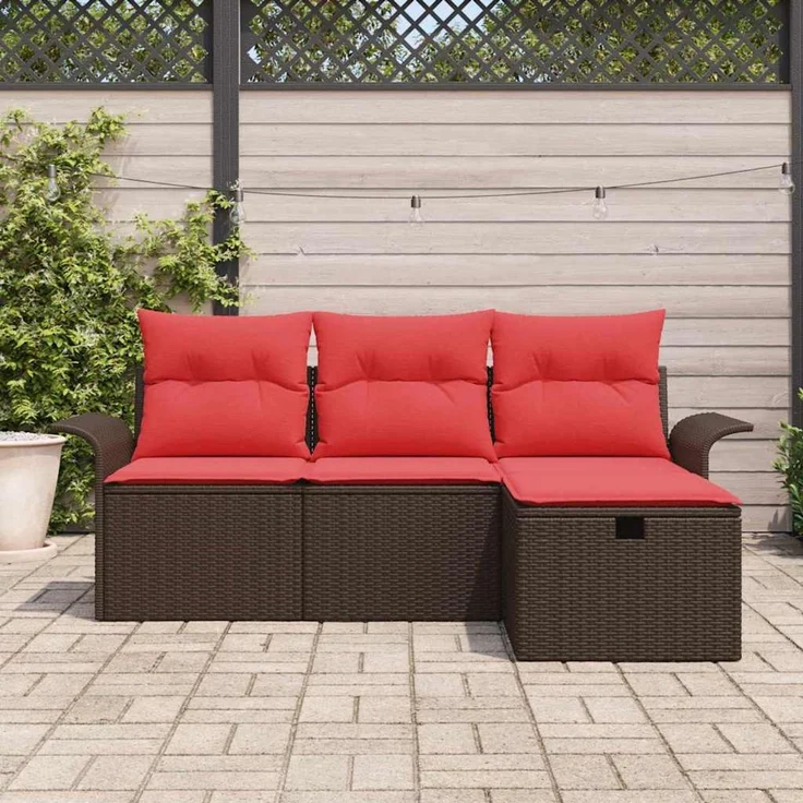 vidaXL Gartensofa-set mit Kissen 4 pcs Braun und Rot Poly-Rattan 3358853 – Bild 3