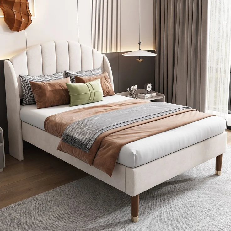EINHOM Polsterbett 90 x 200 cm mit Lattenrost und Kopfteil, Jugendbett, Einzelbett, Holzlattenunterstützung, Einfache Montage, Samt, Beige, (Ohne Matratze) – Bild 4