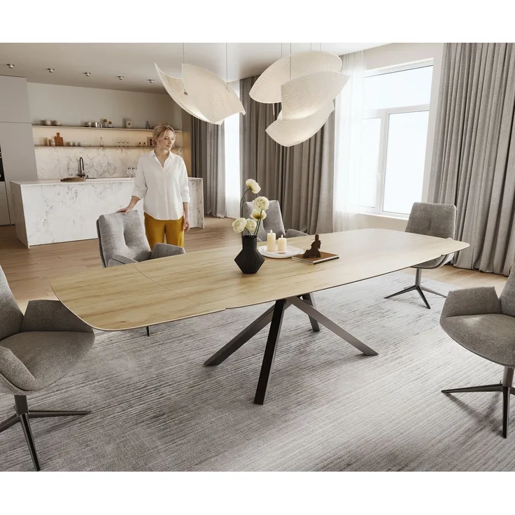 Esstisch Edge Boot 200-300x120 cm Keramik Laminam® Sabbia Eichefarbig Kreuzgestell Rechteck Edelstahl Graphit ausziehbar