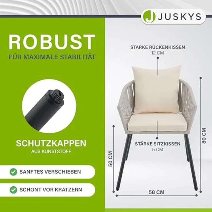 Juskys Rope Stühle 2er Set - Gartenstühle mit Seilgeflecht & Polster – wetterfester & bis 160 kg belastbar - Stahl mit Pulverbeschichtung - Hellgrau – Bild 3