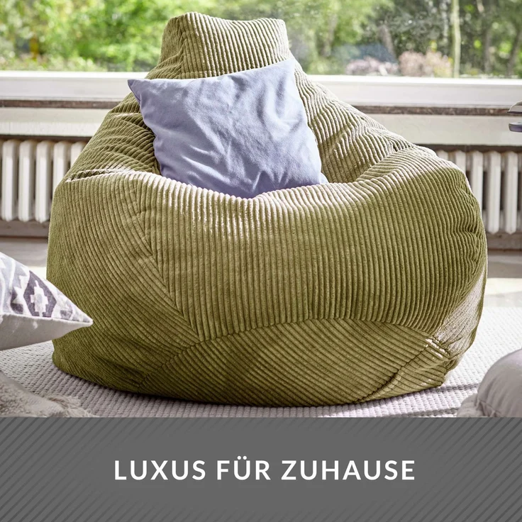 Green Bean® Sitzsack mit Rückenlehne 80x80x90cm - Gaming Chair mit 230L Füllung Cordstoff - Bean Bag Bodenkissen Lounge Sitzhocker Relax-Sessel Gamer Gamingstuhl Grün – Bild 6