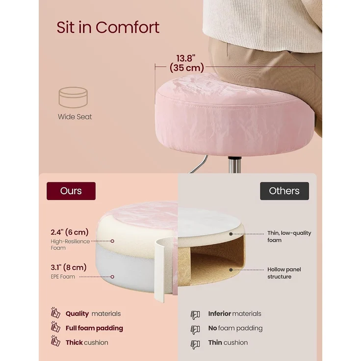 Schminkhocker, Schminkstuhl, Sitzhocker, höhenverstellbar, 360° drehbar, PU, dicke Polsterung, für Schlafzimmer, Küche, Esszimmer, pastellrosa – Bild 8