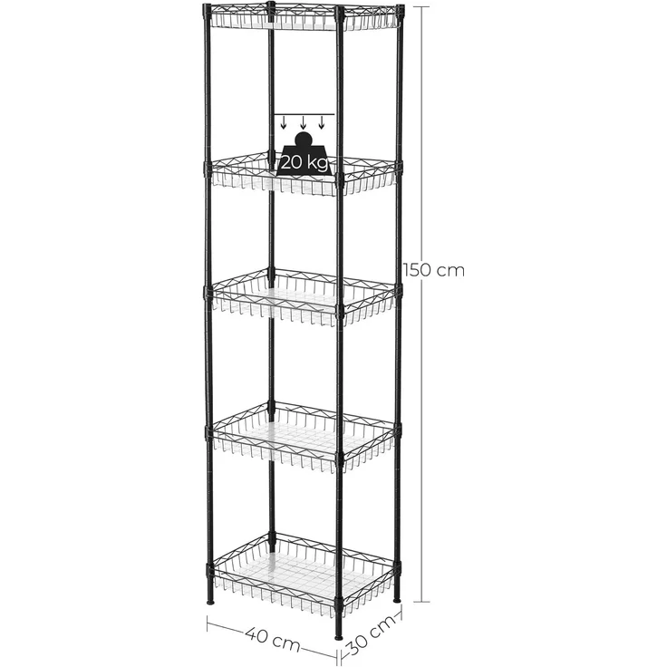 Songmics Küchenregal mit 5 Ebenen, Metallregal, Standregal, höhenverstellbare Gitterablage, mit PP-Kunststoffplatten, 4 S-Haken, für Küche, Wohnzimmer, bis zu 100 kg belastbar, schwarz LGR105B01 – Bild 6