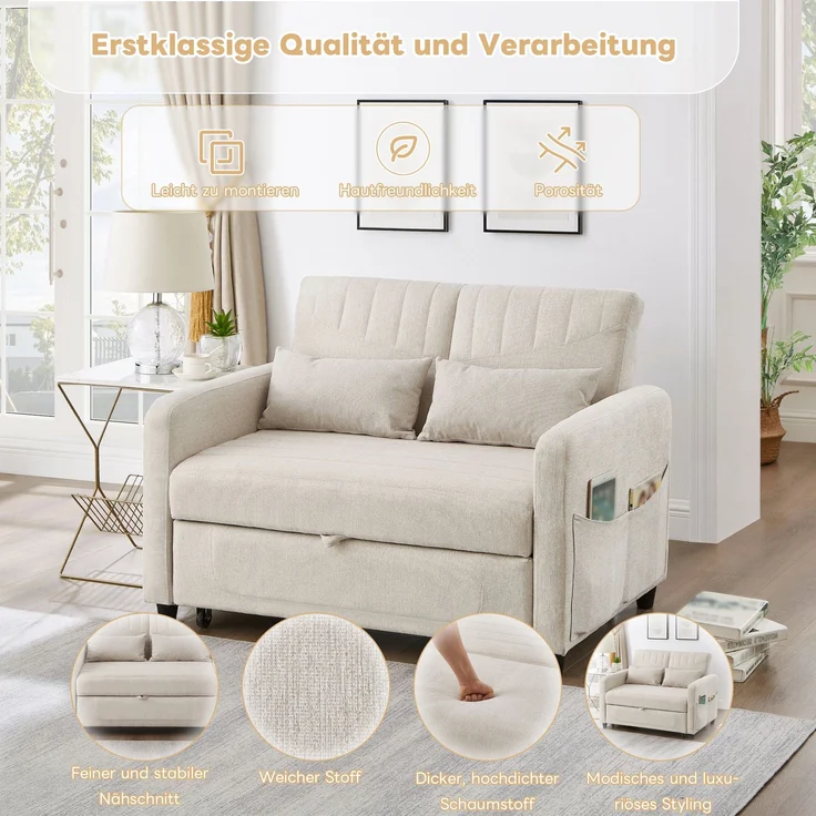 2-Sitzer Schlafsofa ausziehbar Baumwoll-Leinen, verstellbare Rückenlehne, Doppelbett Sofa für Wohnzimmer,Beige – Bild 6
