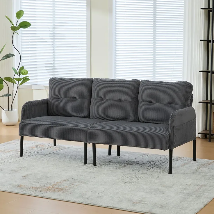 LVHOM 3-Sitzer Sofa mit Metallsockel, Polstersofa mit Seitentaschen, Loungesofa aus Cordstoff, Ergonomisches Stoffsofa, 171x72x80cm