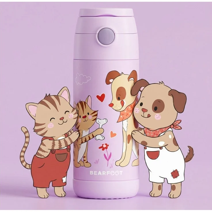 BEARFOOT Trinkflasche Thermo Kinder Trinkflasche Edelstahl - Hund & Katze lila, Thermosflasche, auslaufsicher, Edelstahl, Kinderflasche, BPA-frei – Bild 2