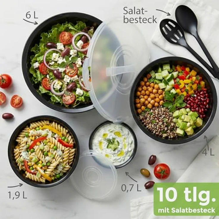 Hausfelder Salatschüssel Set groß, Schüsselset mit Deckel aus Kunststoff BPA-frei, Kunststoff, (Set, 21-tlg), Schüsseln 2x6 L, 2x3,6 L, 2x1,9 L, 2x0,7 L + 2 x Salatbesteck – Bild 5