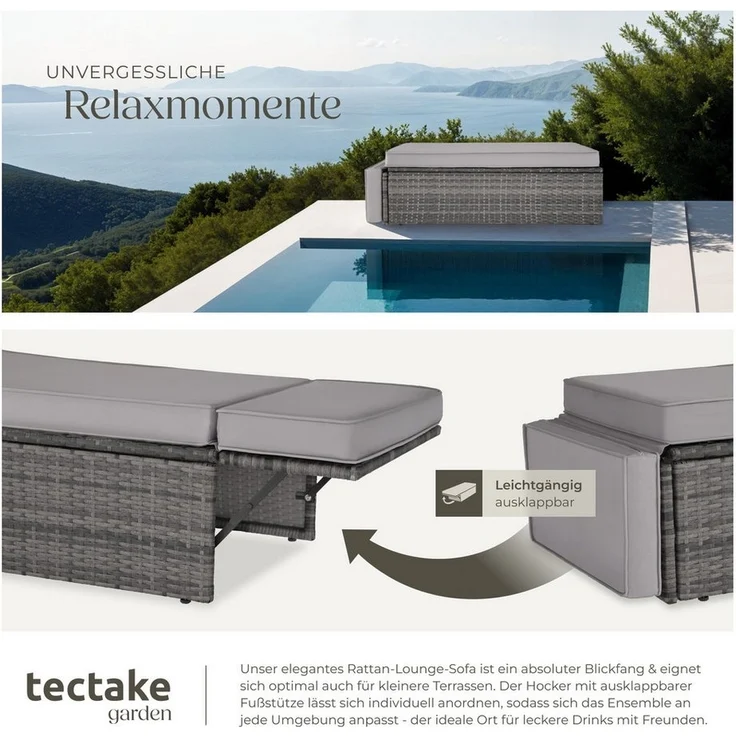 tectake Sofa Set - 2 Sitzer Sessel mit Hocker und Schlaffunktion, kleine Rattan Couch als Outdoor Gartenmöbel, wetterfest für Lounge, Balkon und Garten, klappbar mit Polstern – Bild 3