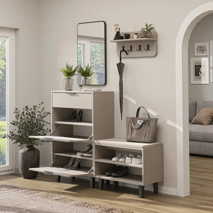 Roomart NORD Garderobenset 4-teilig – Schuhschrank, Sitzbank, Wandgarderobe & Spiegel – Flurgarderobe – H 112 x B 73.6 x T 35 cm (Schuhschrank) • Beige – Bild 2
