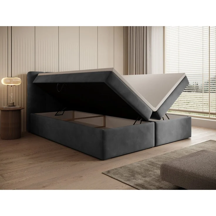 thematys Boxbett Luxus mit Bettkasten 140x200cm, mit Bonnellfederkernmatratze H3, Bouclé/Velours, mit Stauraum, mit 3 cm Topper, Grau (Holland 910), Art.-Nr. S0WGG0ANNXG – Bild 5
