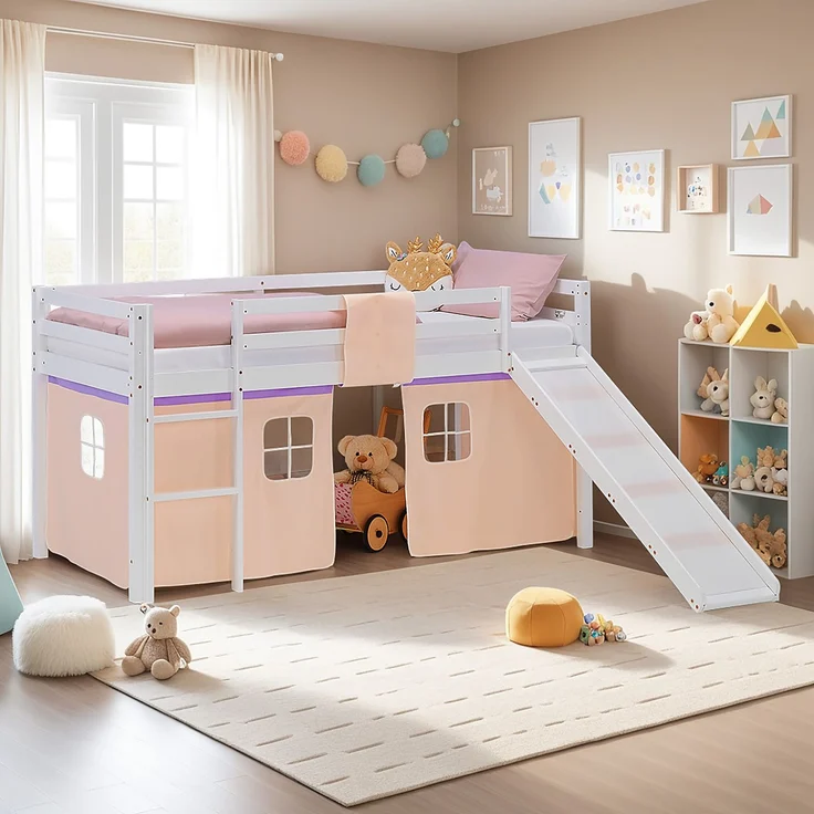 Hochbett Kinder 90x200 cm mit Rutsche Kinderbett Kinderhochbett Stockbett Vorhang Lila Peach Leiter Holz Massiv – Bild 2