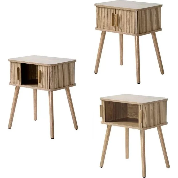 CaliCosy 'ERNEST' Nachttisch mit Eichenmuster 2 Schiebetüren H59 cm - Helles Holz – Bild 9