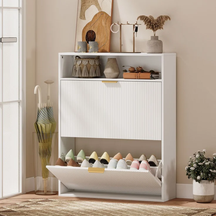 Schmaler Schuhschrank mit 2 Klappfächern und Ablagefläche für Flur und Eingangsbereich, Weiß--Weiß--102.5x24x80cm--YOUDENOVA – Bild 3