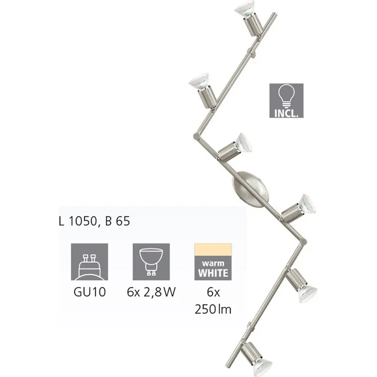 Eglo 92599 Spot BUZZ-LED Stahl nickel-matt GU10 max. 6X2,8W L:105cm B:6,5cm 3000K schwenkbar