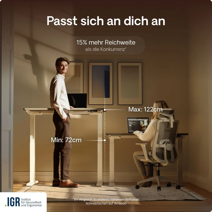 Desktronic HomeOne Elektrisch höhenverstellbarer Schreibtisch 120x60cm Weiß/Grau mit Memory-Funktion, Anti-Kollisions Technologie, USB-A und USB-C-Ladeanschlüssen – Bild 7