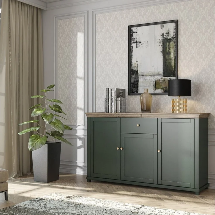 Lomadox Sideboard EPSOM-83, grün mit Lefkas Eiche Nb. Knopfgriffe messingfarben 160/93/42 cm – Bild 3