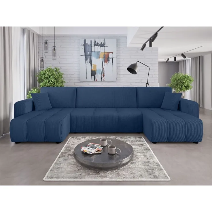 Wohnlandschaft mit Schlaffunktion DAGNY Sofa U-Form in Stoff Poso Blau