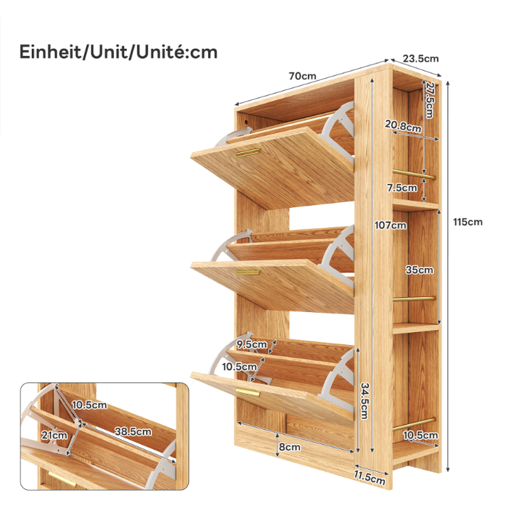Schuhschrank, MDF in Holzoptik mit 3 Türen & offenen Fächern, 70x23,5x115 cm, Natur – Bild 8